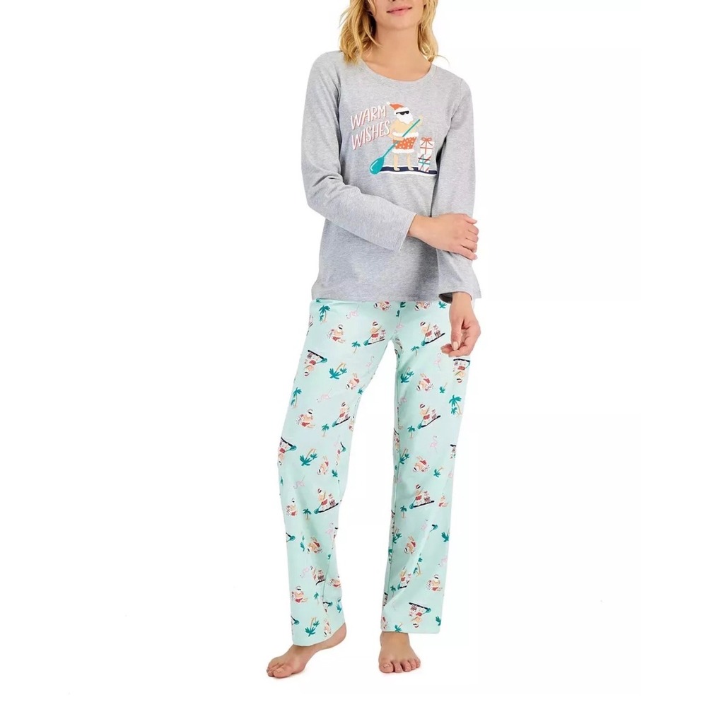 Women's Pre-Packaged Small 2pc Pajama Set Warm Wishes Santa Tropical Mint Gray
